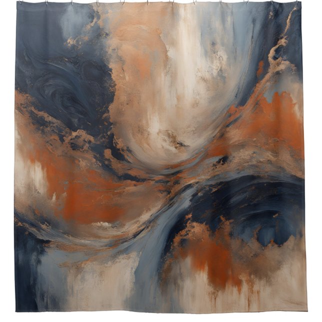 Swirly Navy Blue Orange Light Blue Marble Shower Curtain (Front)