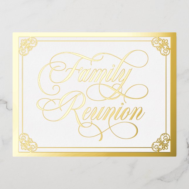 Swirly Ornate Family Reunion Gold Foil Invitation Postcard (Front)