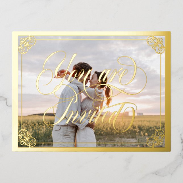 Swirly Ornate You Are Invited Photo Wedding Foil Invitation Postcard (Front)