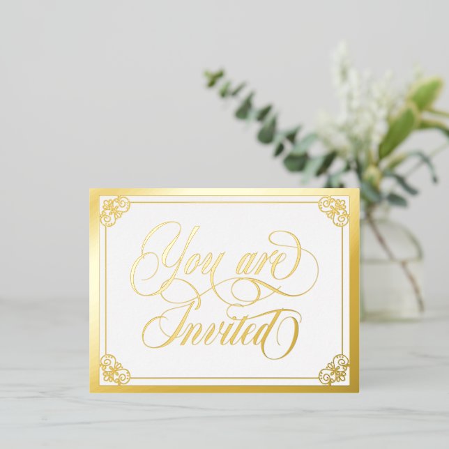 Swirly Ornate You Are Invited Wedding Foil Invitation Postcard (Standing Front)