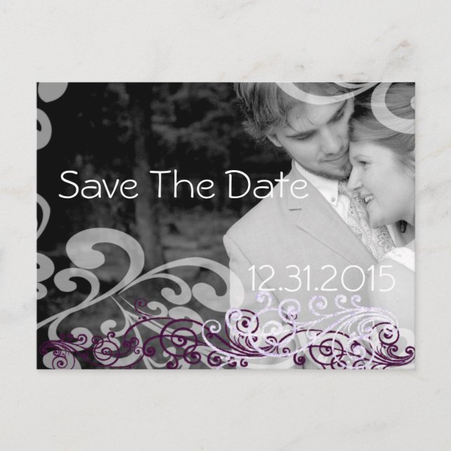 Swirly Photo Save The Date Eggplant & Berry Announcement Postcard (Front)