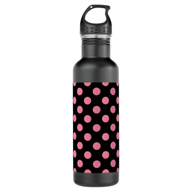 Swirly pink polka dots on black background 710 ml water bottle (Front)