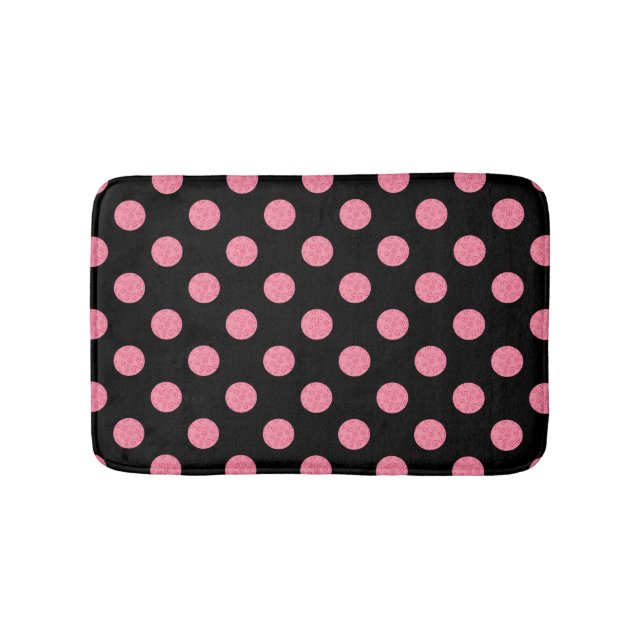 Swirly pink polka dots on black background bath mat (Front)
