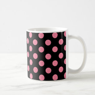 Swirly pink polka dots on black background coffee mug