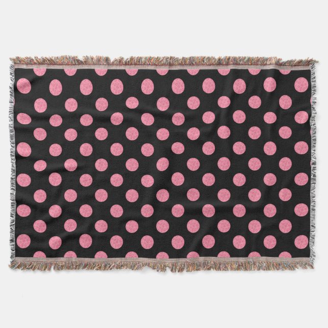 Swirly pink polka dots on black background throw blanket (Front)