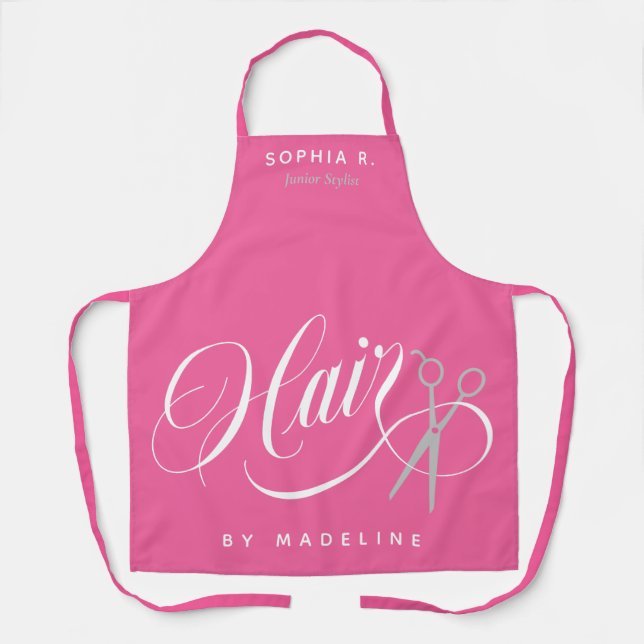 Swirly Pink Scissors Hair Salon Employee Name Apron (Front)