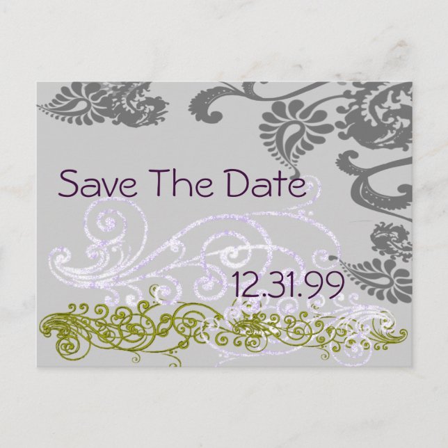 Swirly Purple & Green Save The Date Announcement Postcard (Front)