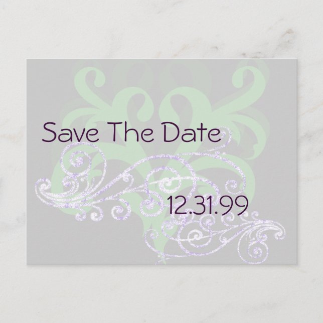 Swirly Purple & Green Save The Date Announcement Postcard (Front)