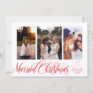 Swirly Red Married Christmas Photo Collage Holiday Card