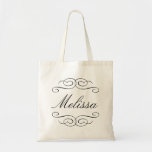 Swirly script bridesmaid personalised gift tote<br><div class="desc">This personalised tote bag features the recipient's name in an elegant script font with delicate swirl flourish. Thank your bridal party with these chic custom tote bags. Personalise each bag with the recipient's name and fill it her favourite things as a gift bag. Your wedding attendants can use these eco-friendly...</div>