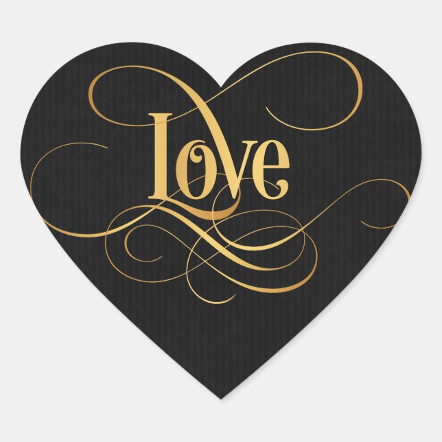 Swirly Script Calligraphy Love Gold on Black Heart Sticker (Front)
