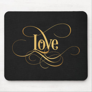 Swirly Script Calligraphy Love Gold on Black Mouse Mat