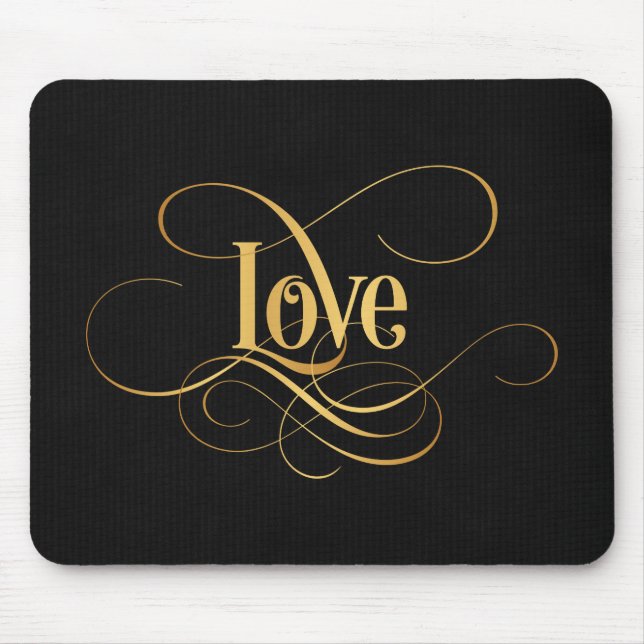 Swirly Script Calligraphy Love Gold on Black Mouse Mat (Front)