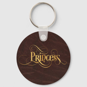 Swirly Script Calligraphy Princess Gold on Leather Key Ring
