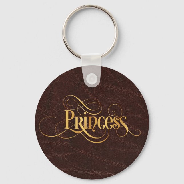 Swirly Script Calligraphy Princess Gold on Leather Key Ring (Front)