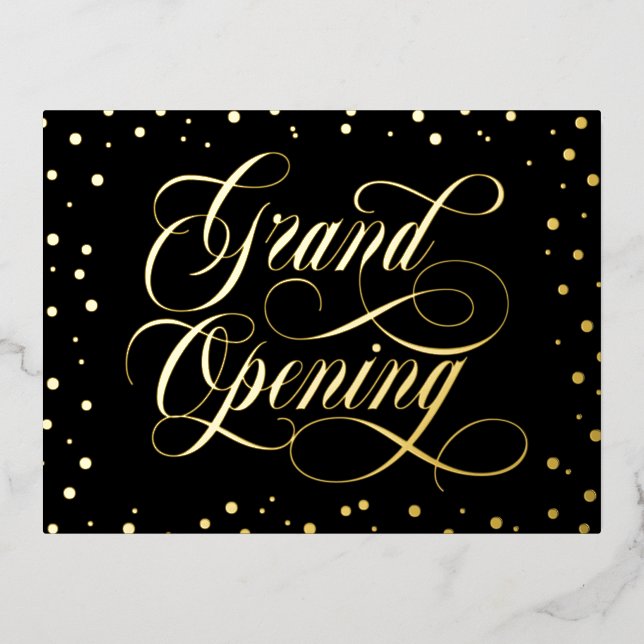 Swirly Script & Gold Foil Confetti Grand Opening Foil Invitation Postcard (Front)