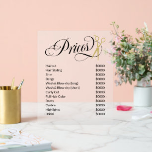 Swirly Script Gold Scissors Hair Salon Price List Acrylic Sign