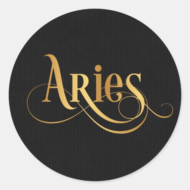 Swirly Script Zodiac Sign Aries Gold on Black Classic Round Sticker (Front)