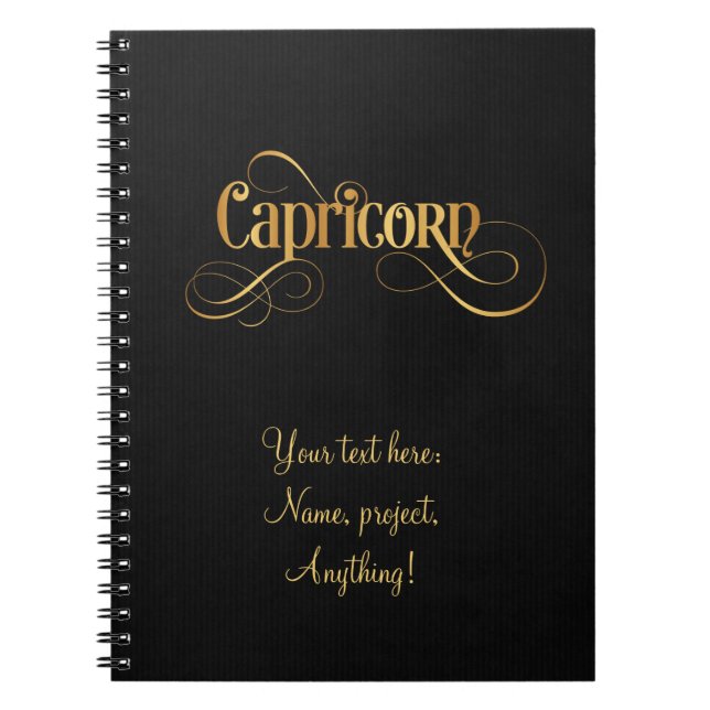 Swirly Script Zodiac Sign Capricorn Gold on Black Notebook (Front)