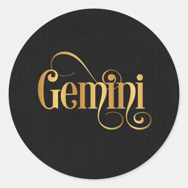 Swirly Script Zodiac Sign Gemini Gold on Black Classic Round Sticker (Front)