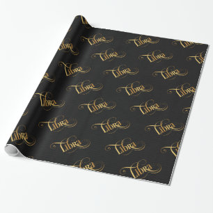 Swirly Script Zodiac Sign Libra Gold on Black Wrapping Paper