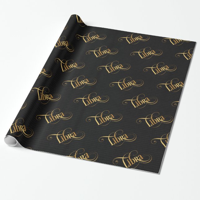 Swirly Script Zodiac Sign Libra Gold on Black Wrapping Paper (Unrolled)