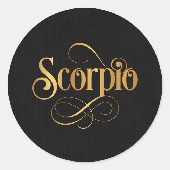 Swirly Script Zodiac Sign Scorpio Gold on Black Classic Round Sticker (Front)
