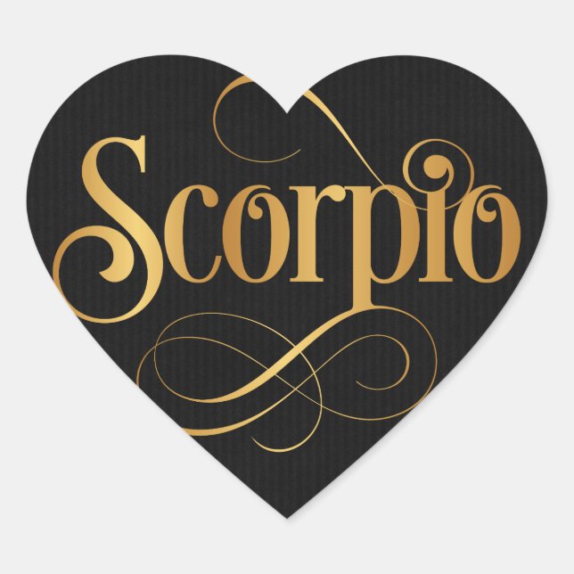 Swirly Script Zodiac Sign Scorpio Gold on Black Heart Sticker (Front)