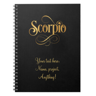 Swirly Script Zodiac Sign Scorpio Gold on Black Notebook