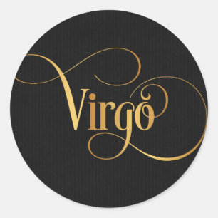 Swirly Script Zodiac Sign Virgo Gold on Black Classic Round Sticker