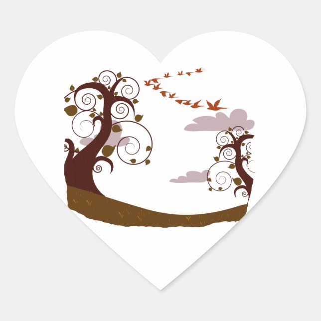 Swirly tree with flying birds graphic heart sticker (Front)