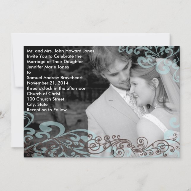 Swirly Your Photo Wedding Invitation Blue & Brown (Front)