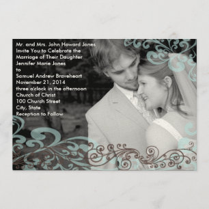Swirly Your Photo Wedding Invitation Blue & Brown
