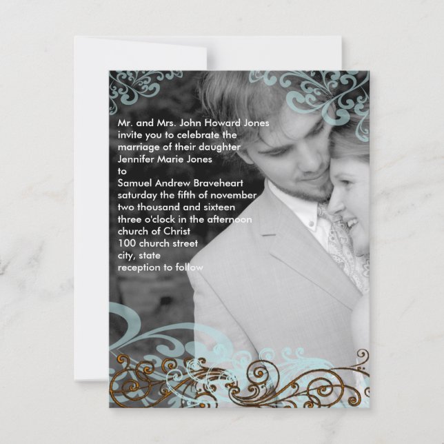 Swirly Your Photo Wedding Invitation Blue & Brown (Front)