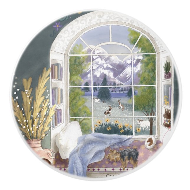 Swiss Alps Cosy Book Nook Ceramic Knob (Front)