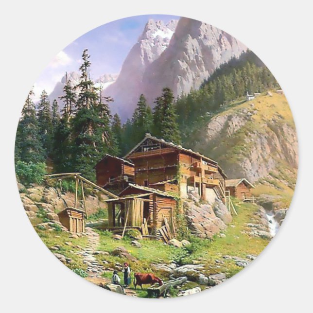 Swiss Alps Log Cabin painting Classic Round Sticker (Front)