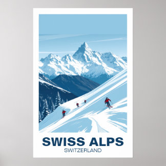 Swiss Alps Skiing, Switzerland Vintage Travel Art Poster