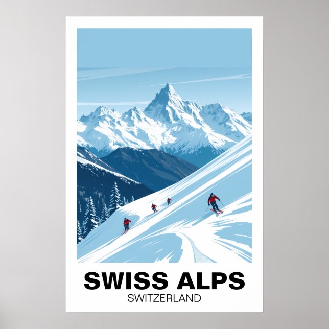 Swiss Alps Skiing, Switzerland Vintage Travel Art Poster (Front)