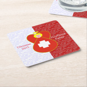 Swiss Angel Flag on Red and White Personalised Square Paper Coaster