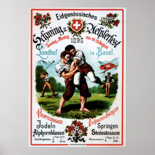 Swiss Basel Alpine Festival Wrestling Old Travel Poster