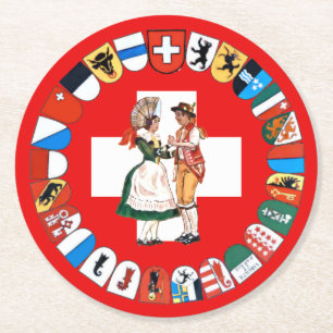 Swiss cantons and dancers round paper coaster
