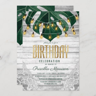 Swiss Cheese Leaf String Lights Lace Gold Birthday Invitation