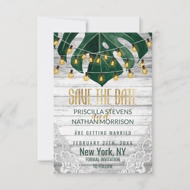 Swiss Cheese Leaf String Lights Lace Gold Wedding Save The Date (Front)