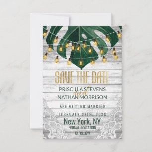 Swiss Cheese Leaf String Lights Lace Gold Wedding Save The Date