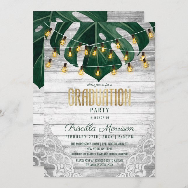 Swiss Cheese Leaf String Lights Lace Graduation Invitation (Front/Back)