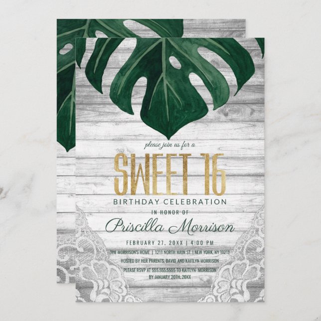 Swiss Cheese Leaf White Wood Lace Gold Sweet 16 Invitation (Front/Back)
