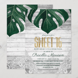 Swiss Cheese Leaf White Wood Lace Gold Sweet 16 Invitation