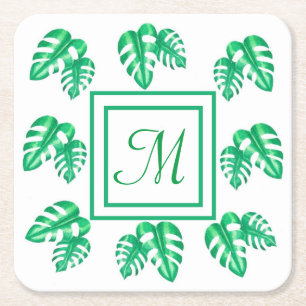 Swiss Cheese Plant Monstera Deliciosa Monogram Square Paper Coaster