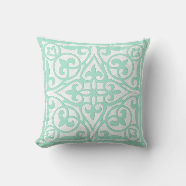 Swiss dot cutwork over linen - aqua cushion (Front)
