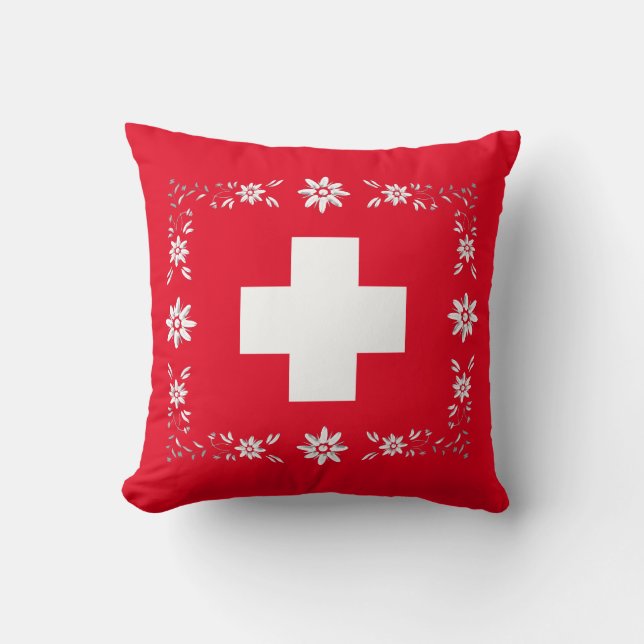 Swiss flag and edelweiss cushion (Front)